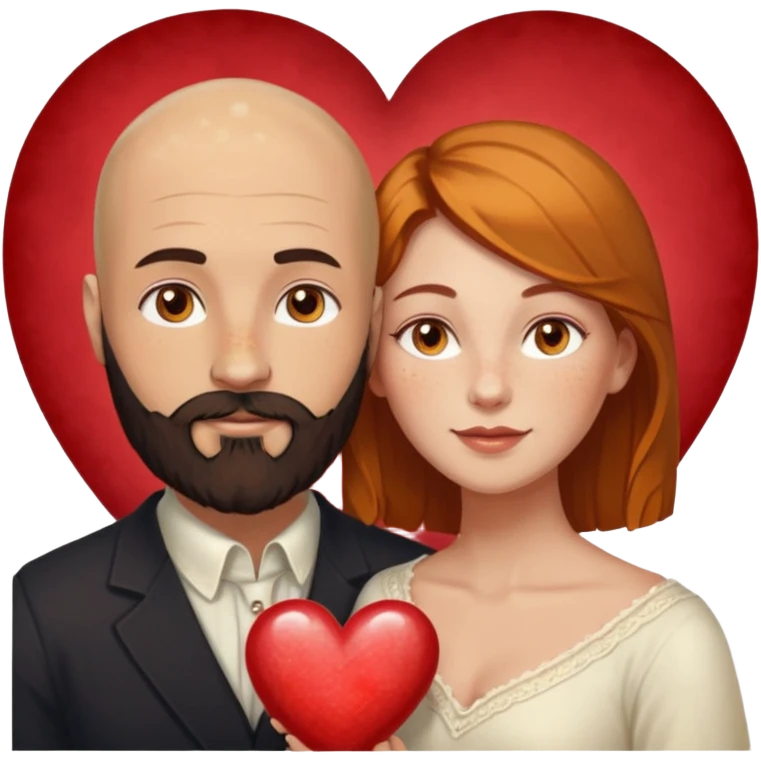 Couple. Bald man with dark brown-black beard. White woman with many small, faded freckles, white skin and she has auburn-yellow-brown-caramel, dark hair. She has light orange-brown eyes. The man have hazel eyes. They are inside one big heart. Retro style. emoji