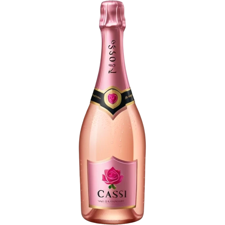 bottle of sparkling rosé champagne with a rose logo on the label, tilted up and to the right, no glass emoji
