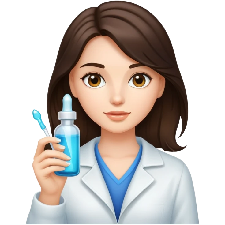 A  brunette girl with a dropper bottle in her hand with a glow skin and shiny healthy hair  emoji
