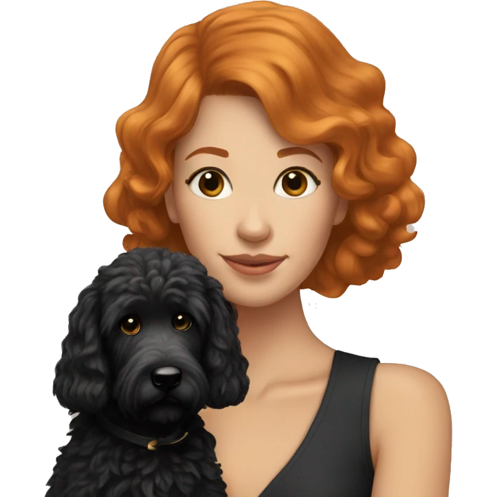 Woman with ginger coloured hair holding black goldendoodle emoji