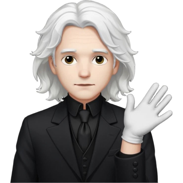 Male Goth with Top Hat
 Wavy shoulder-length hair, white skin, black suit and gloves, pale skin tone, white very long hair emoji
