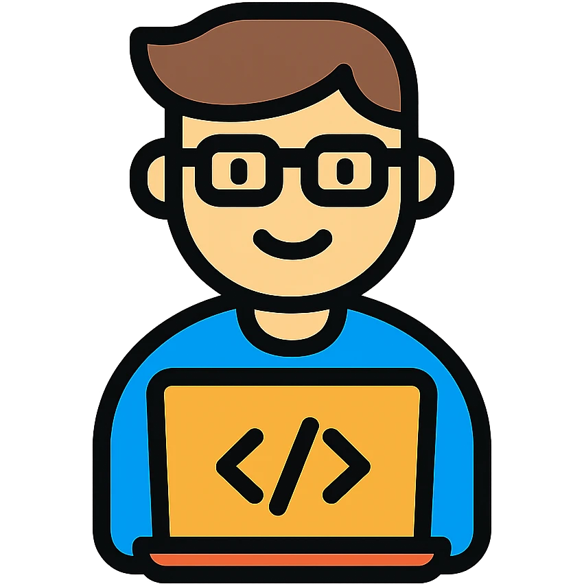smiling programmer, sitting with computer, friendly emoji