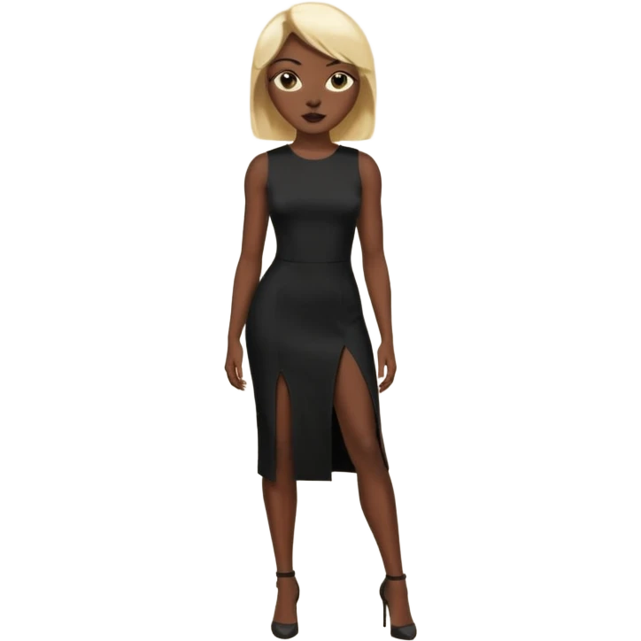 Blonde woman, black, tight, sleveless Dress, Slot left Leg,man black cut emoji