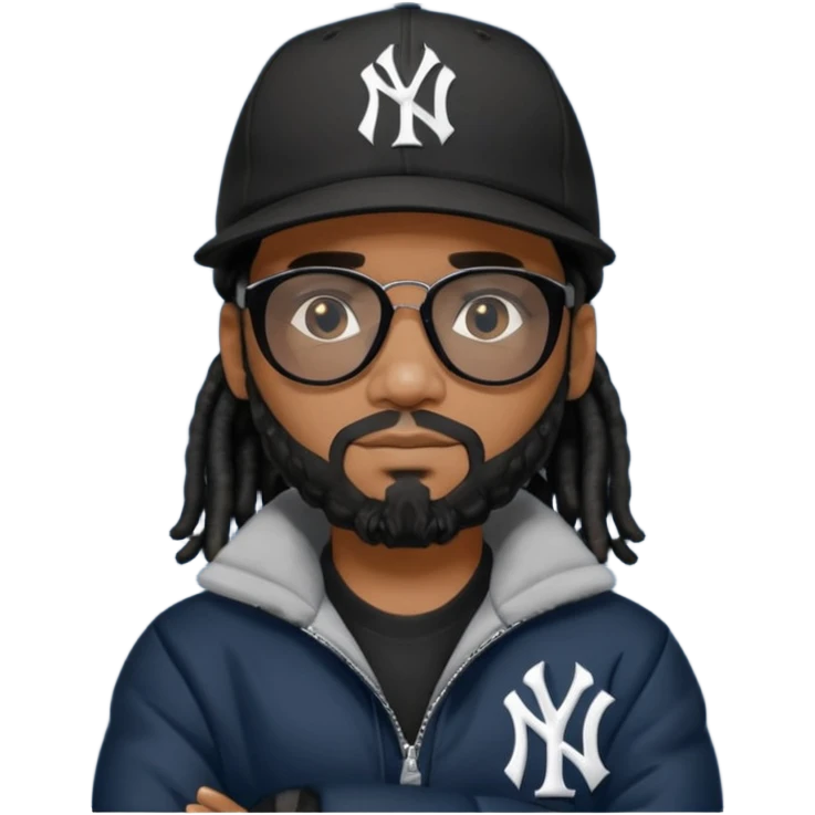 African American man with shoulder length black dreadlocks and black beard wearing black sunglasses with a New York Yankees baseball cap wearing a dark black bubble winter coat with arms folded emoji