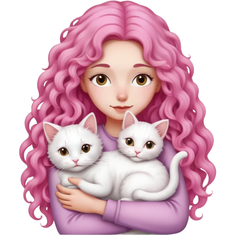 pink long curly hair woman hug with a white cat emoji