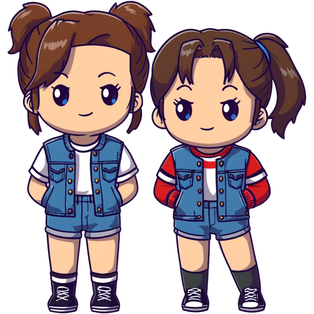 Two anime girls who are best friends, both with brown shoulder length hair. First girl has blue-green eyes, wearing black and white striped t-shirt, denim jacket, and denim shorts. Second girl has brown eyes, wearing denim overalls, with hair in a ponytail secured by a claw clip. emoji