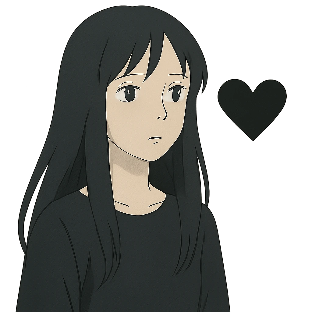 ghibli style pale girl with long black hair and a black heart emoji
