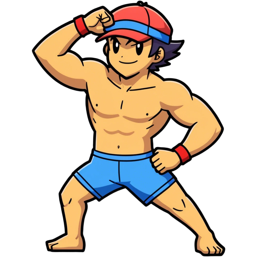 Bara style Hot handsome very muscular 6ft 5inch tall smiling happy fun shirtless Ash Ketchum dancing to techno with two best friends in short swimwear emoji