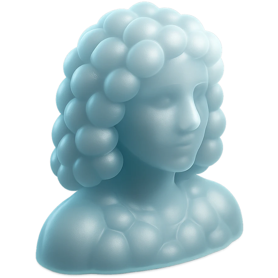 person looking straight, composed entirely of white fluffy convex clouds, shoulder length, matte glass style emoji