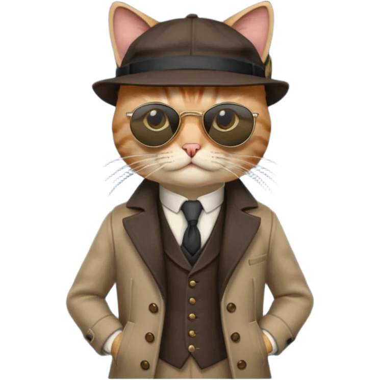Cat wearing sunglasses and a peaky blinders hat, along with a waistcoat and over coat.
Peaky blinders style emoji