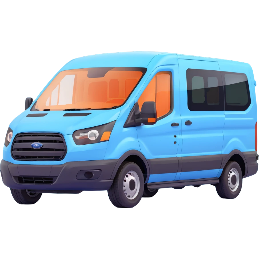 electric light blue Ford Transit passenger van, side profile, front facing right, simplified details emoji