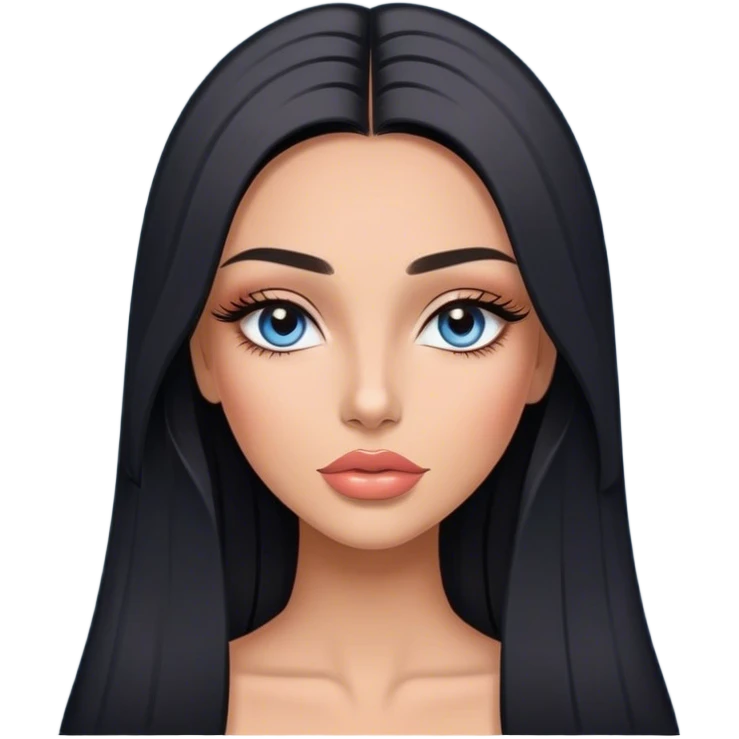 Glamours, tanned, very beautiful girl, with big pump peach-beige-rose lips, long long lashes, black straight smooth silky long hair, straight parting hair, blue-grey eyes emoji