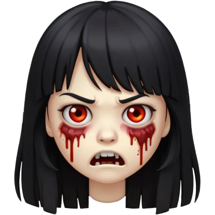 zombie girl emoji with black eyes, long black hair with bangs, scary angry expression emoji