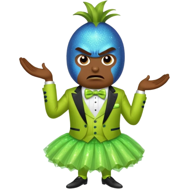 Angry blue banana fruit wearing a sparkly lime green tuxedo and tutu emoji