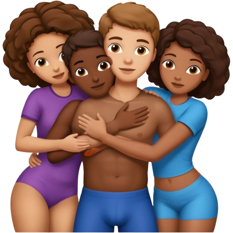one american italian young brown-haired man surrounded by three african women with large butts hugging him and each other and massaging his crotch emoji