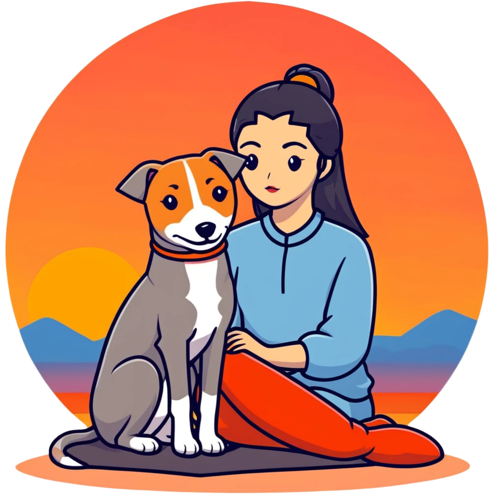 A very beautiful and attractive 25-year-old Chinese woman with long flowing black hair and a SOLID DARK GREY whippet sitting together during a beautiful sunset. The whippet MUST be COMPLETELY SOLID DARK GREY with ABSOLUTELY NO WHITE MARKINGS ANYWHERE - no white chest, no white face, no white paws, no white tip on tail - ENTIRELY ONE SOLID DARK GREY COLOR throughout the entire dog. Orange and red sunset sky in the background. emoji