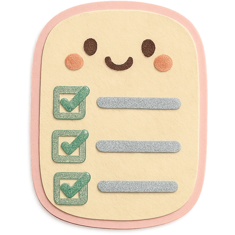 soft pastel kawaii rounded to-do list sticker with cute checkboxes, paper craft style, with a smiling face emoji