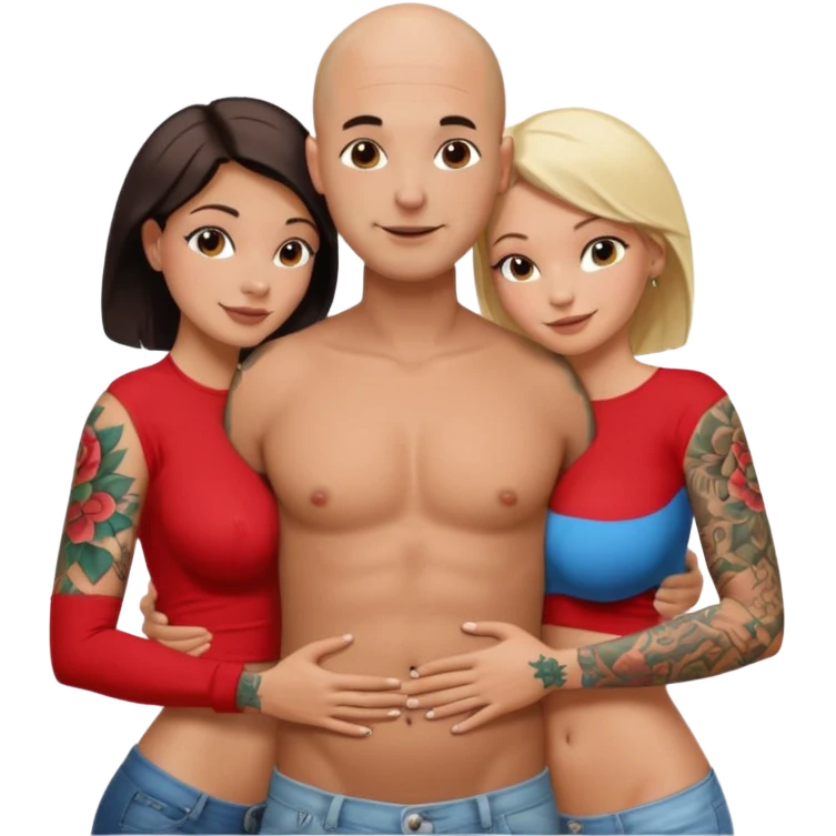 throuple tattooed sleeves bbald male with topless naked big boobed brunette and topless naked big boobed blonde girlfriends  lovingl  and sexy polygamy hott emoji