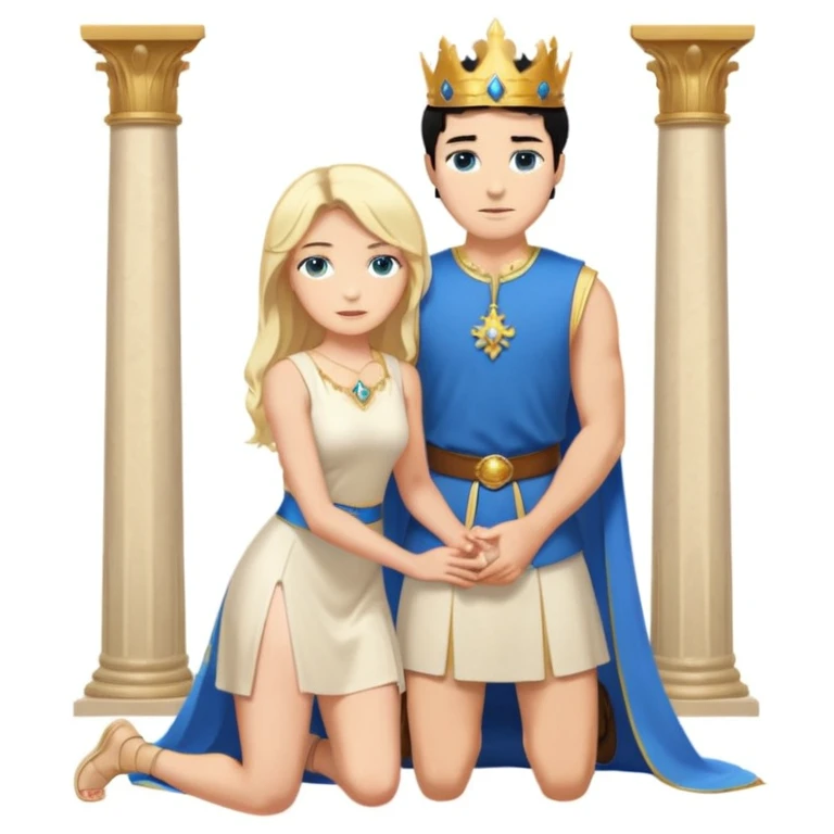 Man as king, black Hair, blue eyes, woman, blonde, green eyes, shott white sleveless Dress, kneeling, background palace emoji
