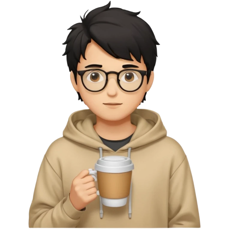 a light tan handsome boy with messy a black hair and spectacles. wearing a beige oversized and loose hoodie with a coffee in hand emoji