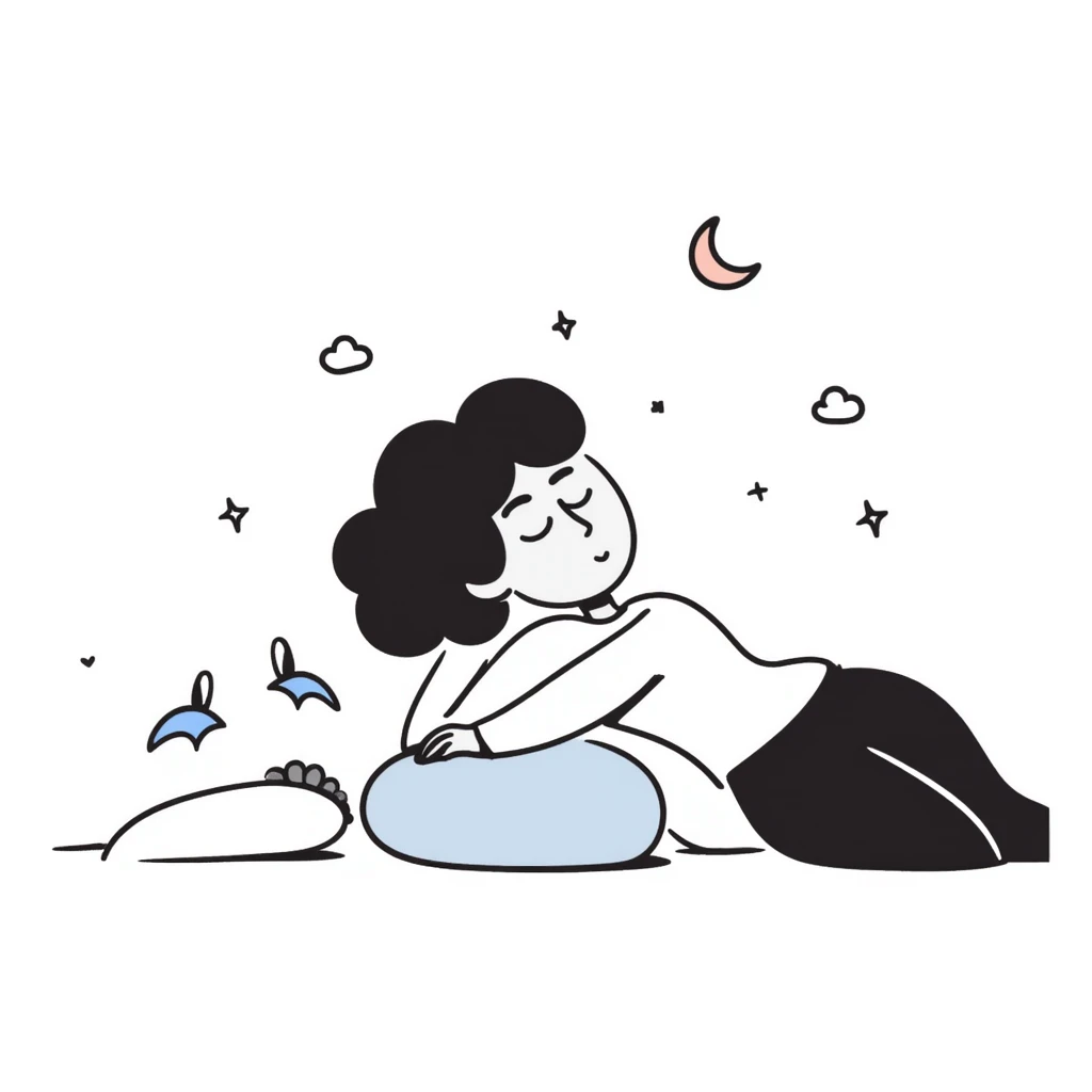 A person with closed eyes sleeping peacefully with a small crescent moon nearby. Warm, calming colors with blues and purples. Simple hand-drawn doodle style. emoji