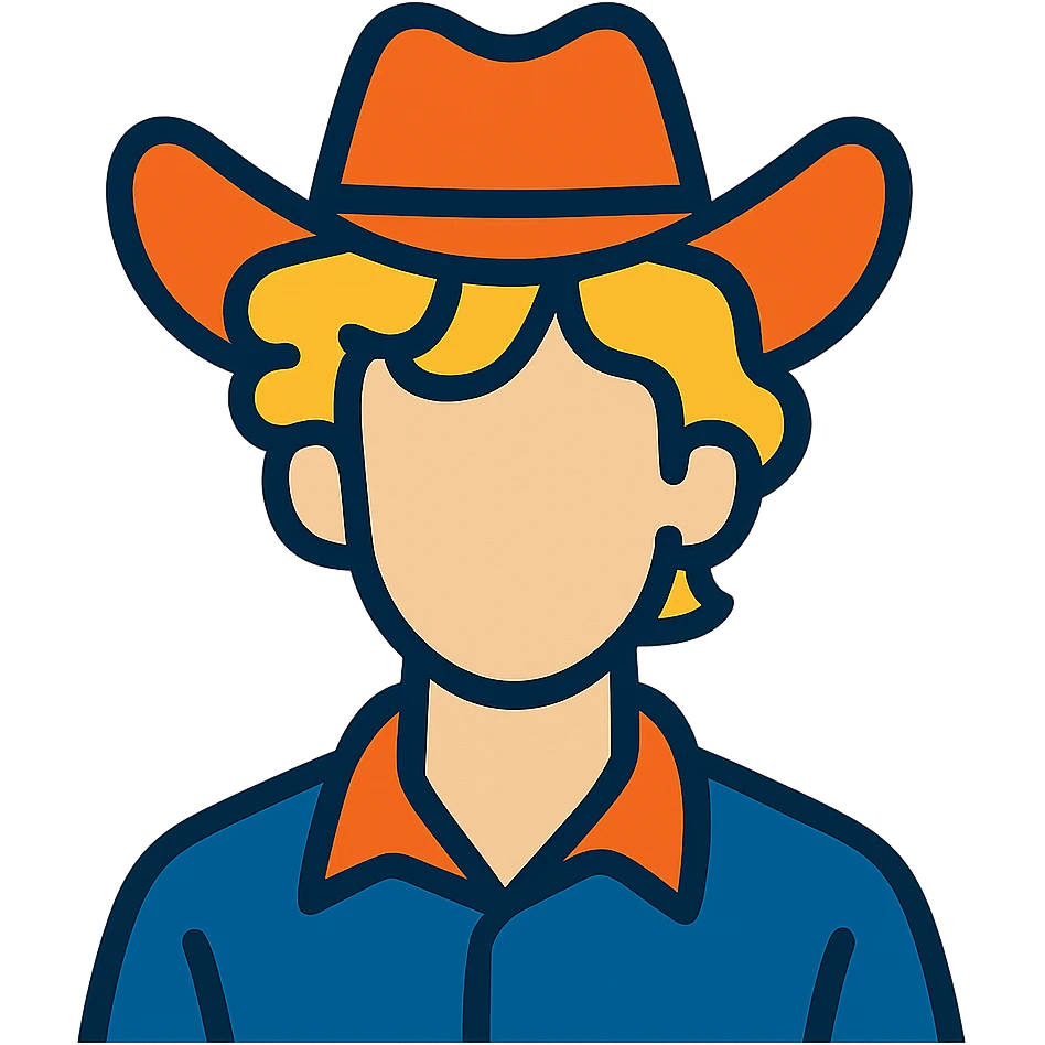 vibrant toon style young man with wavy blonde hair, blank face, orange cowboy hat emoji