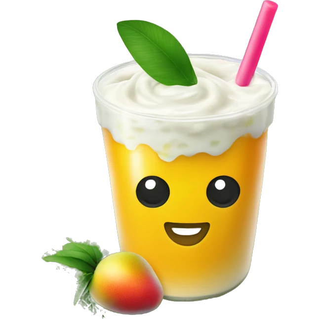 A mango mango yogurt, Boba with tapioca sitting on a grass lawn emoji
