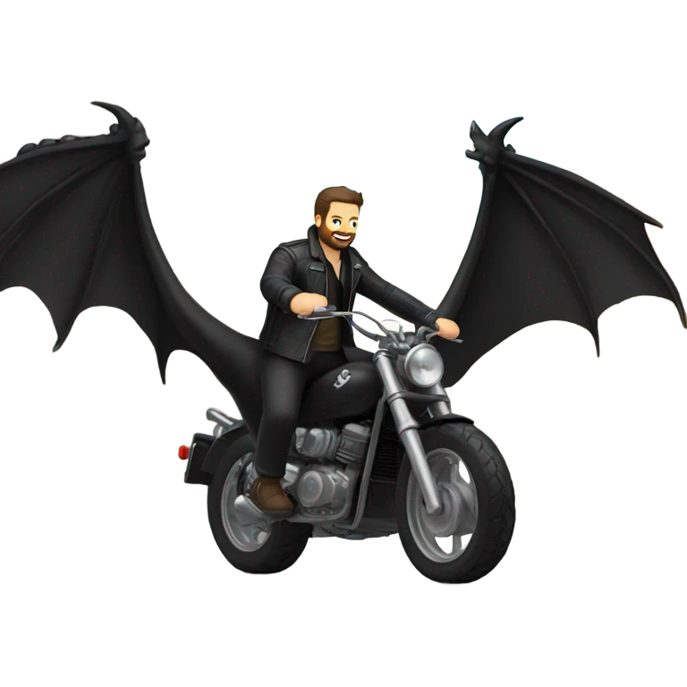 Confident White Man with dark brown hair and a short beard wearing black leather jacket and pants riding on the back of a giant black dragon emoji