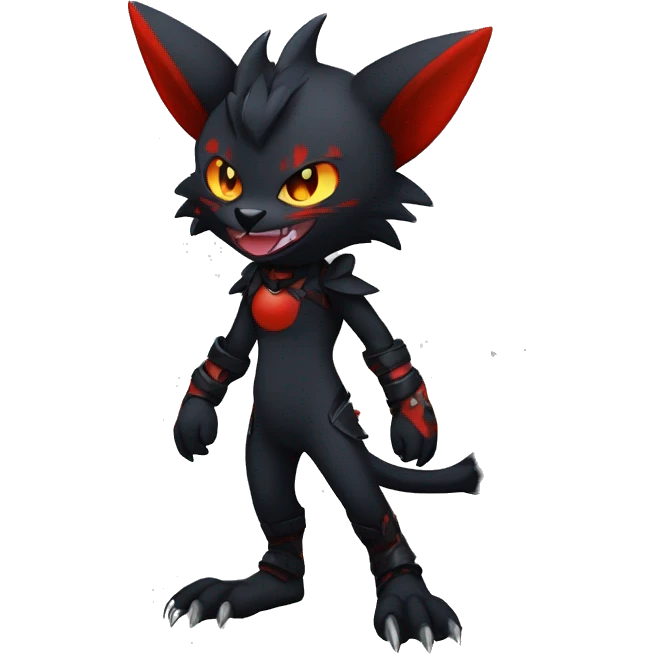 Black Anthro Cool Punk Noibat-Litten-Fakemon-fursona with fangs and red markings Full Body emoji