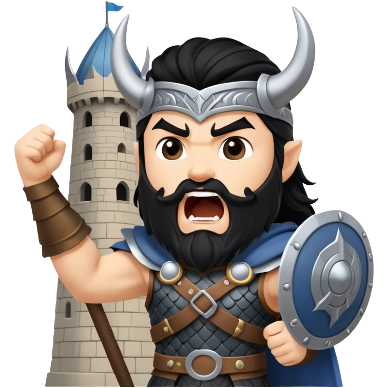 vikingo con armadura de Asgard, pelo negro ondulado, de pie, grito de guerra en torre de Asgard. emoji