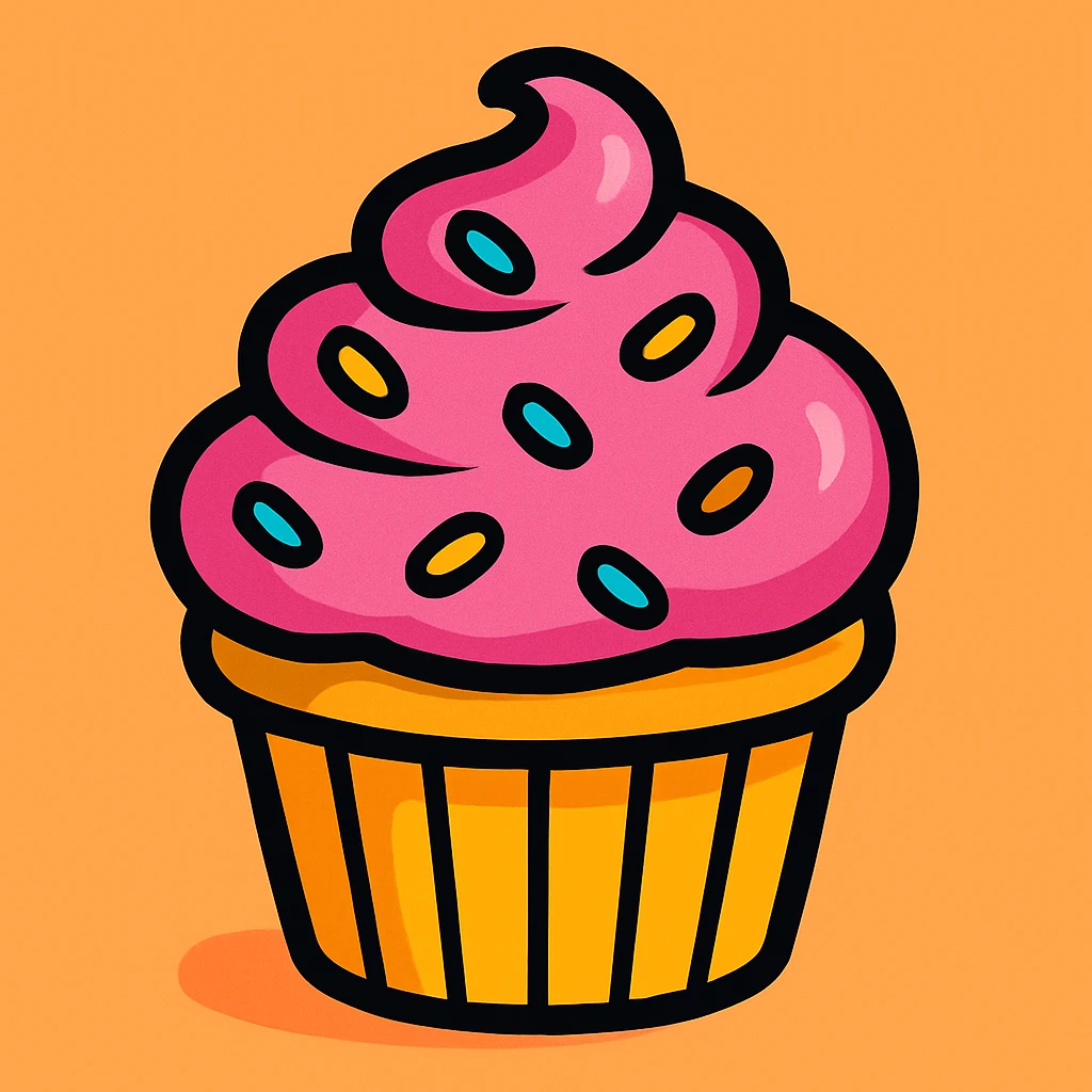 cupcake with pink icing, vibrant and cute emoji