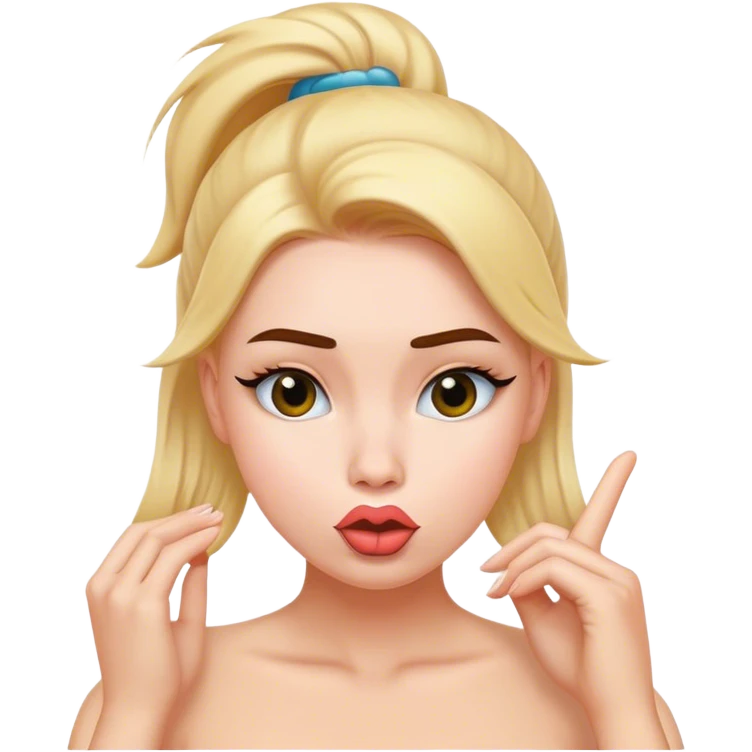 pushing hair behind one ear and making duck lips emoji