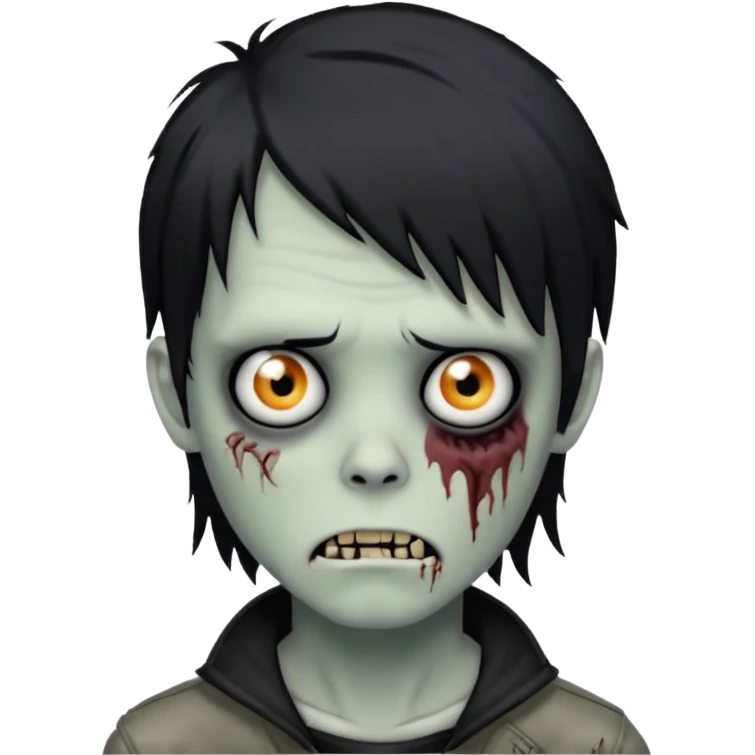spooky zombie boy, black medium-long hair, emo and shaggy, creepy expression emoji
