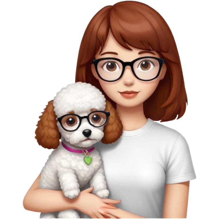 Mahogany haired girl with bangs, white glasses and a white t-shirt hugging a toy poodle dog emoji