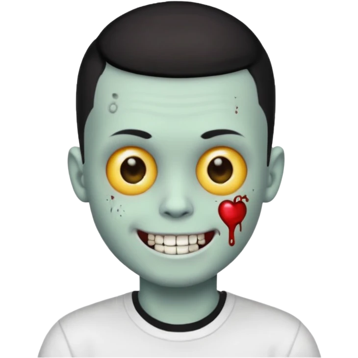 zombie boy with black buzz cut hair and white t shirt, smiling, apple style emoji emoji