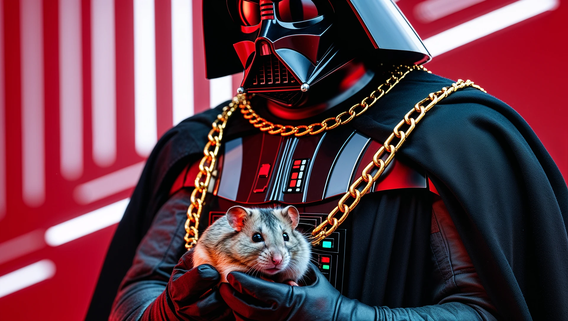Extreme Closeup Photo of a darth vader holding big hamster with golden chain, low key light, red solid background with leading lines, back light, spot light emoji