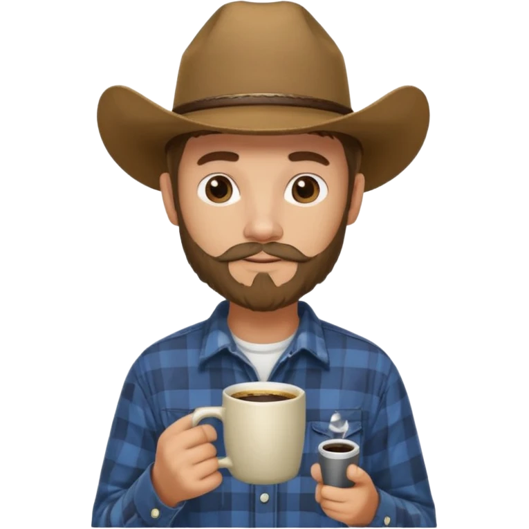 generate an ios genmoji of a 20 year old tan boy with a cowboy hat and mutton chop beard. Wearing a flannel and carrying a coffee mug emoji