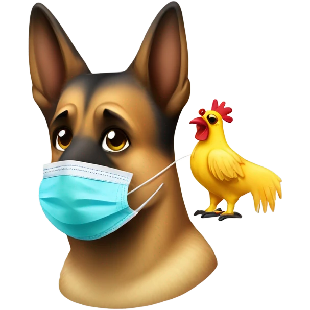 German shepherd wearing surgical mask taking chicken’s temperature  emoji
