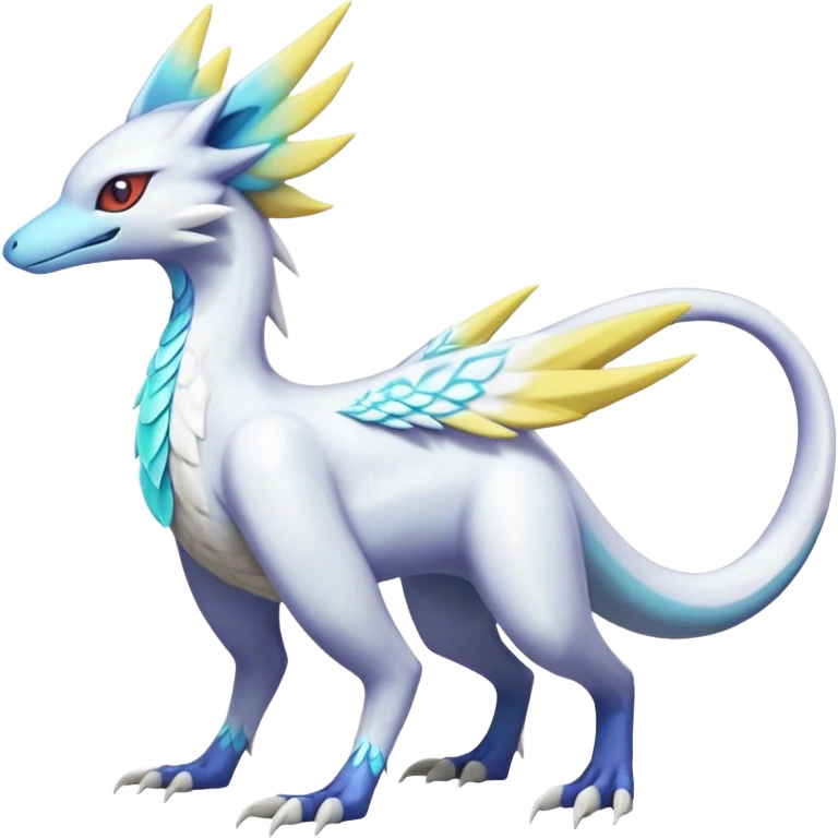 Colorful scaly flurry iridescent shiny bioluminescent translucent luminescent neon pastel bright pale Latias-Sergal-Vernid-Silvally-Renamon-Zeraora-Bastet-Fakémon-hybrid-fusion-creature, full body emoji