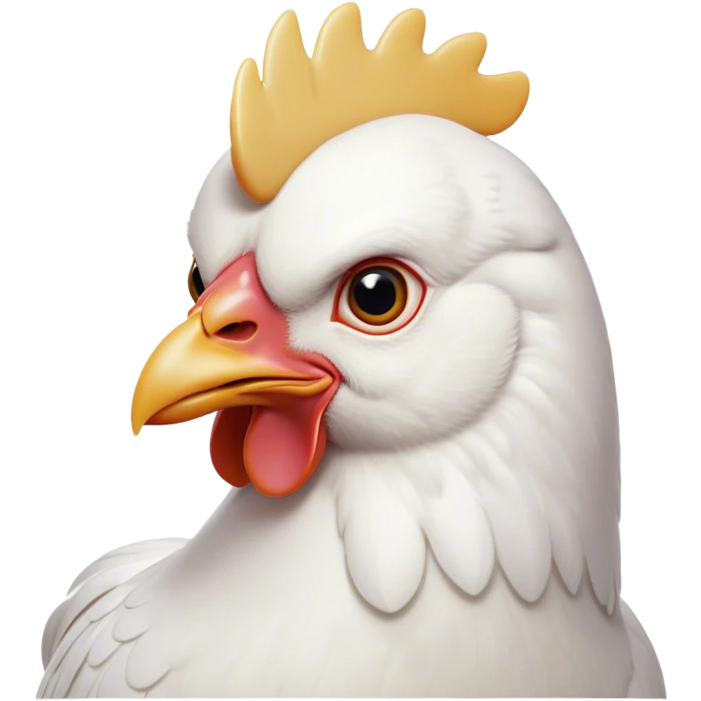 Cinematic Noble White Chicken Portrait Emoji, Poised and regal, with a compact, sturdy build and a pristine, well-groomed pure white plumage, deep-set soulful beady eyes, Simplified yet sharp and sophisticated features, highly detailed, glowing with a soft, dignified glow, high shine, intelligent and alert, stylized with an air of barnyard elegance, focused and attentive, soft glowing outline, capturing the essence of a watchful and confident fowl, so majestic it feels as though it could strut out of the screen with effortless authority! emoji