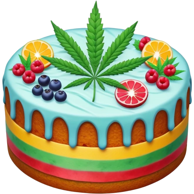 colorful frosted fruit cake with cannabis leaf emoji