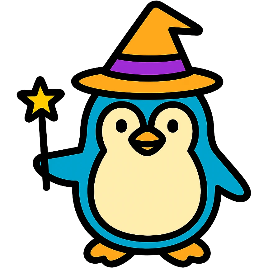 A penguin dressed as a wizard, wearing a pointed hat and holding a magic wand emoji