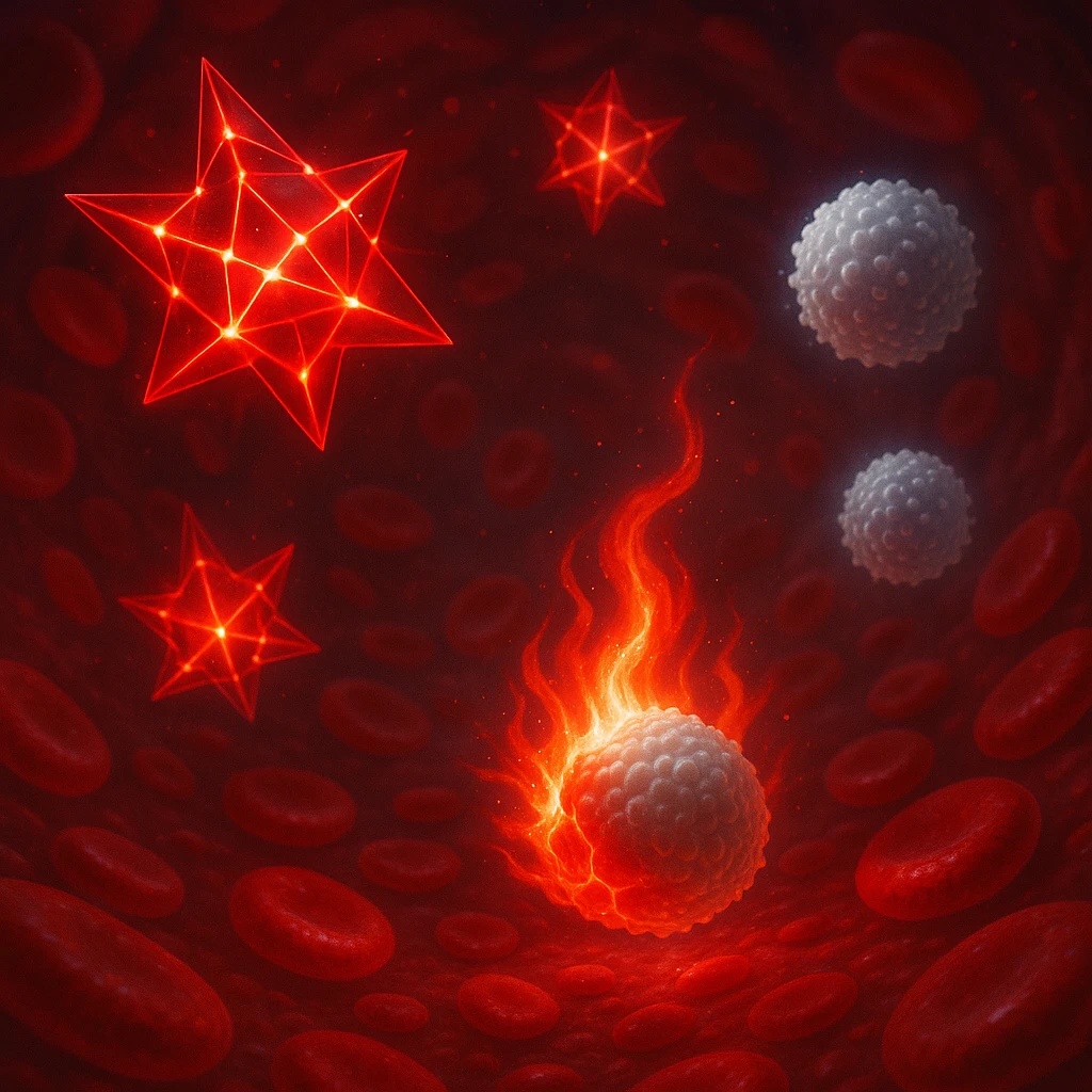 semi-realistic surreal illustration of omega-6 molecules in bloodstream, red, sharp, and luminous, triggering inflammation with flames or red signals upon contact with healthy cells, nearby defensive white blood cells, luminous effects, surreal medical style emoji