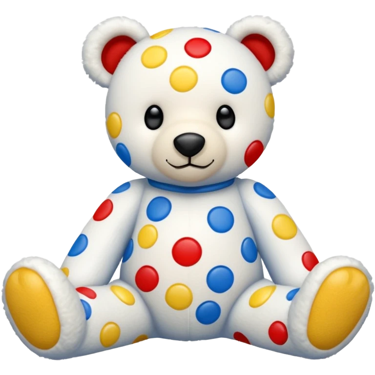 White teddy bear covered with blue, red and yellow spots and square dots on the feet emoji