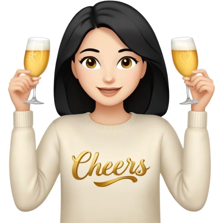 A woman with longer black hair, light to medium skin tone, full cheeks, and almond-shaped eyes, wearing a simple white sweater with the word 'cheers' in gold script, joyful and radiant expression, cheerful, emoji style, just her torso, no hands, no cups. emoji