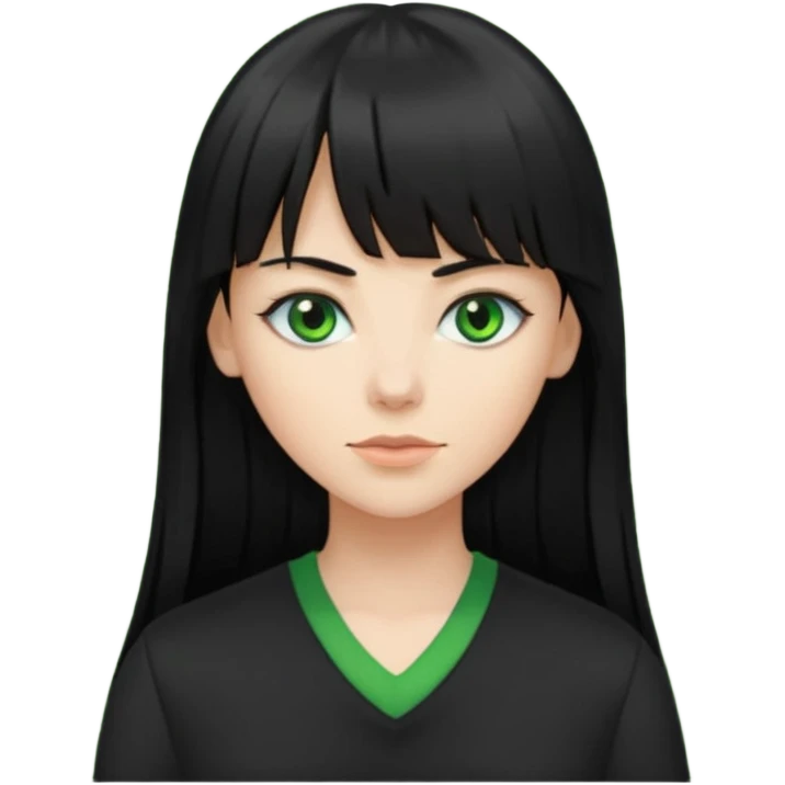A white woman with Long straight hair with bangs, black hair, green eyes and a black low-cut shirt emoji