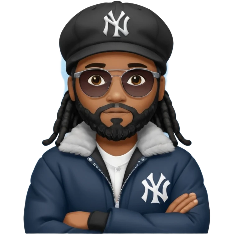 African American man with shoulder length black dreadlocks with black beard wearing  dark black sunglasses with a black bubble winter coat wearing a New York Yankees baseball cap with arms folded on chest emoji