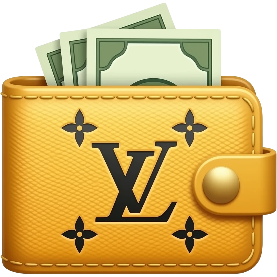 A yellow Louis Vuitton wallet with a few bills sticking out halfway emoji