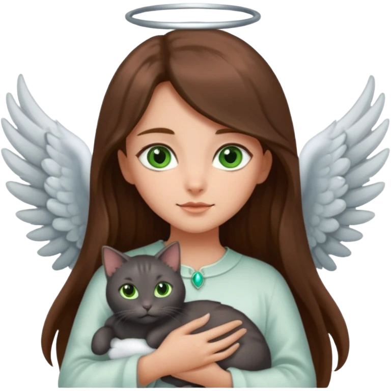 Girl with long brown hair holding a dark gray cat with green eyes, angel wings on the cat emoji