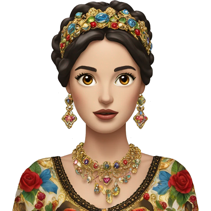 Dolce and Gabbana Italian model with dark hair and headband with colourful ornament and golden detais  emoji